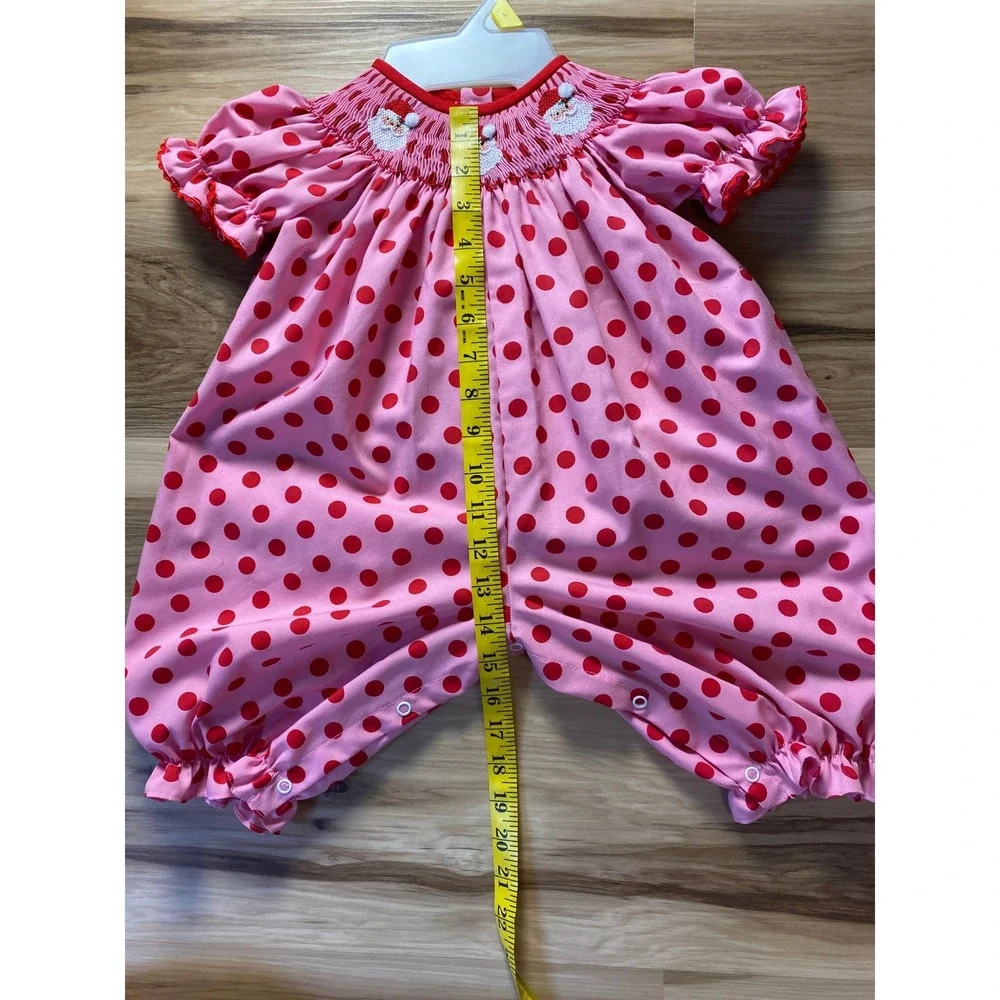 Southern Sunshine Smocked Santa Christmas Romper Pink Red Polka Dot 9M FH22-3723